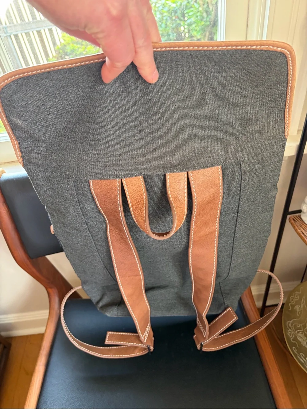 Roll-Top Canvas Backpack with Leather Trim - Gray and Tan